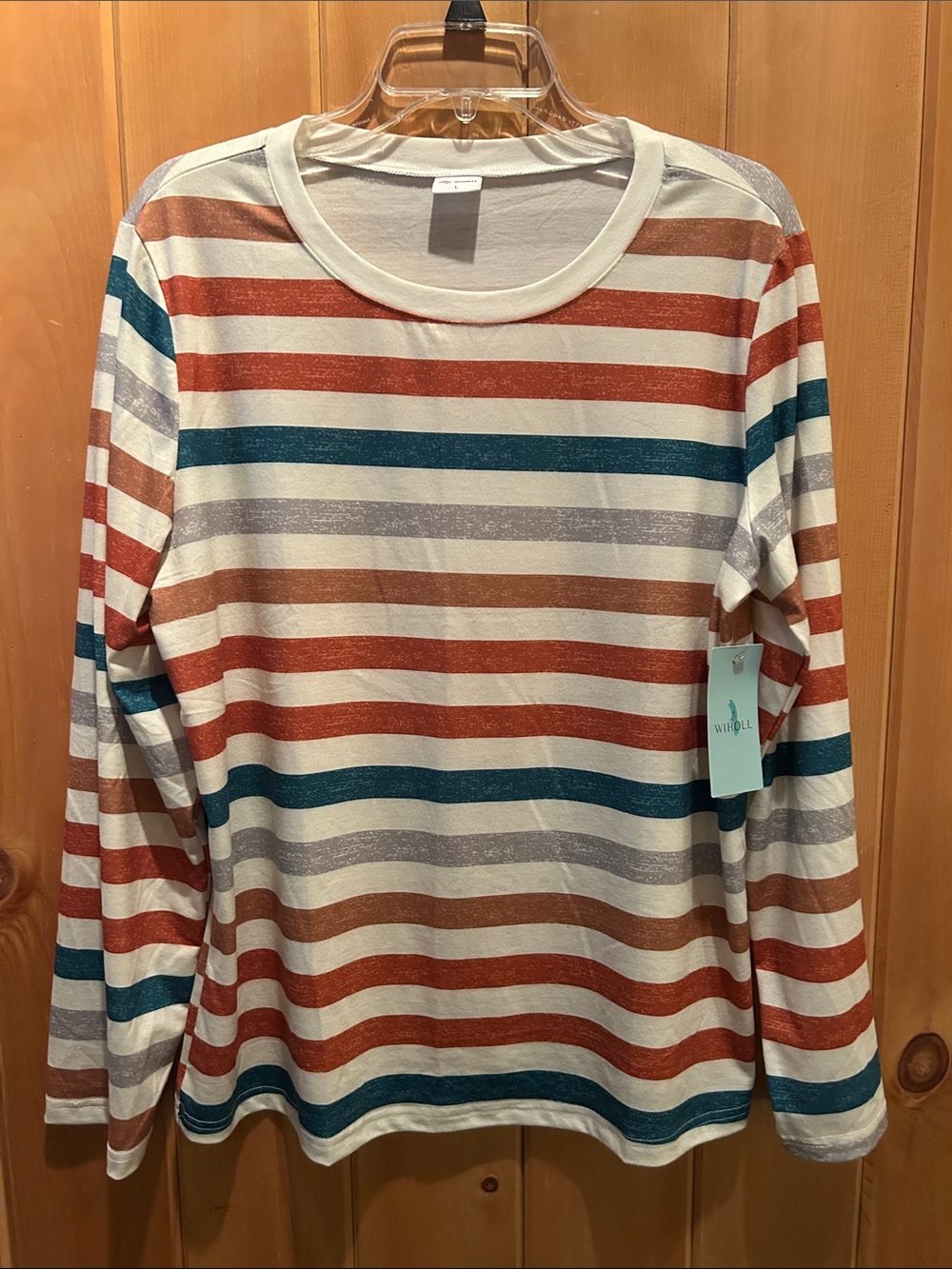 Long-Sleeve Striped Tee - Cream with Rust, Teal & Light Gray Stripes
